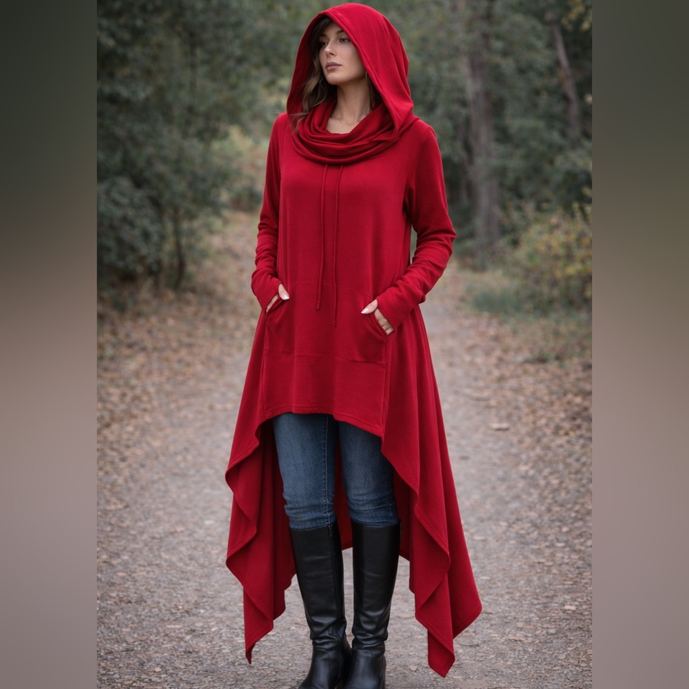 Red Asymmetrical Hooded Tunic Top with Cowl Neck and Thumb Holes